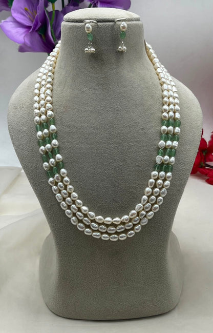 Natural Freshwater Pearl Necklace with imitation stone and pearl studs | Handmade Elegant Pearl Jewelry | Brass Lock