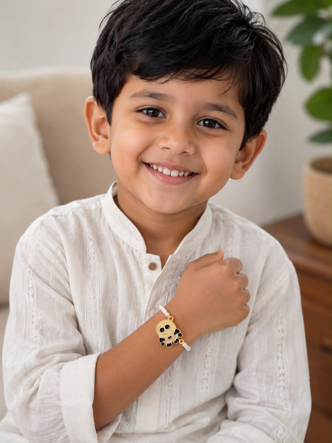 Handmade Kids Pearl Rakhi | Freshwater Pearl Bracelet | Adjustable Children's Rakhi with Extension Chain