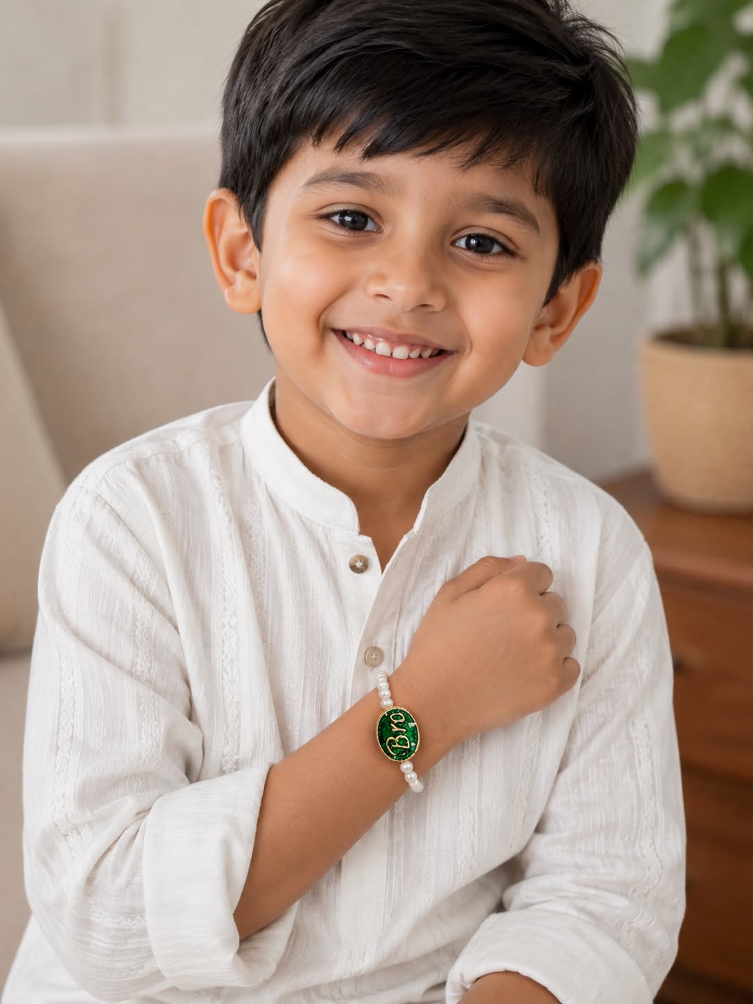 Handmade Kids Pearl Rakhi | Freshwater Pearl Bracelet | Adjustable Children's Rakhi with Extension Chain