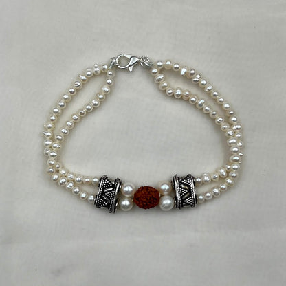 Freshwater Pearl And Rudraksh Rakhi Bracelet | Handmade Pearl Rakhi for Brother | Elegant Raksha Bandhan Gift | Brass Lock