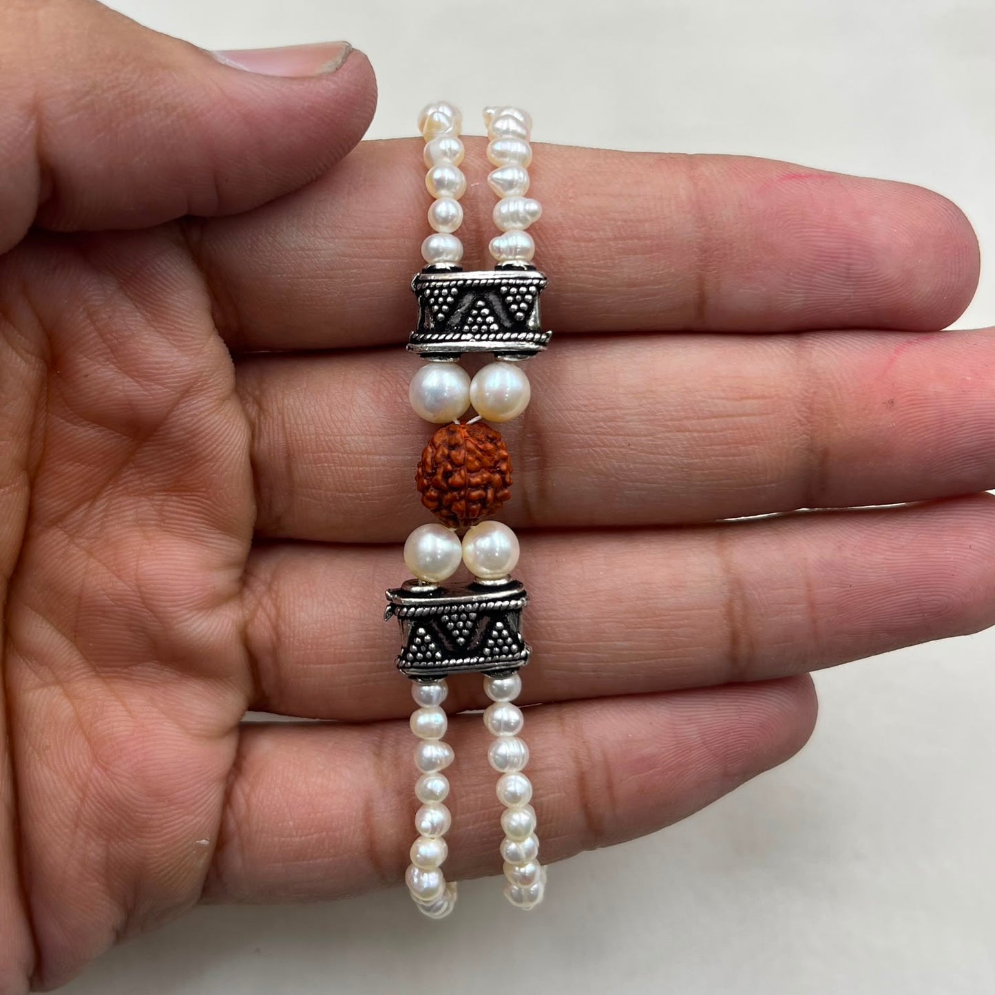Freshwater Pearl And Rudraksh Rakhi Bracelet | Handmade Pearl Rakhi for Brother | Elegant Raksha Bandhan Gift | Brass Lock