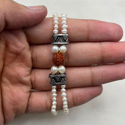 Freshwater Pearl And Rudraksh Rakhi Bracelet | Handmade Pearl Rakhi for Brother | Elegant Raksha Bandhan Gift | Brass Lock