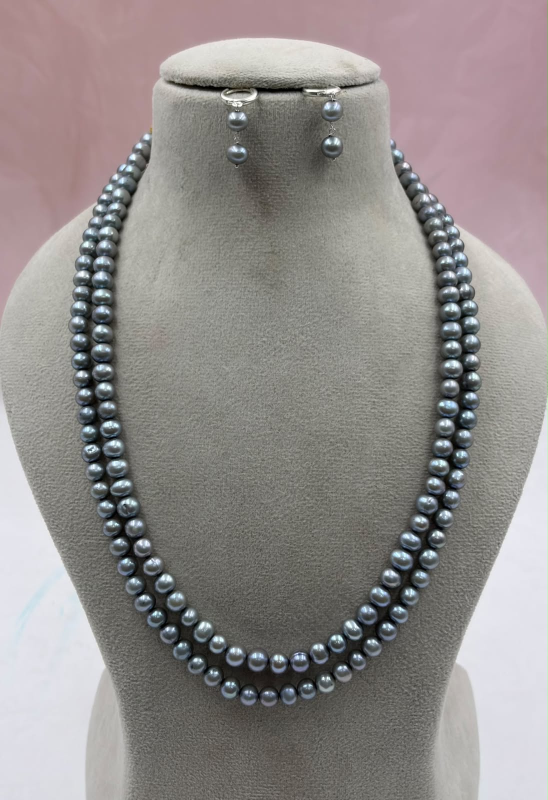 Grey Freshwater Pearl Jewelry Set | 2 Layer Pearl Necklace, Bracelet & Earrings | Handmade Gift for Her
