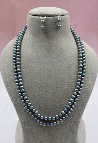 Grey Freshwater Pearl Jewelry Set | 2 Layer Pearl Necklace, Bracelet & Earrings | Handmade Gift for Her