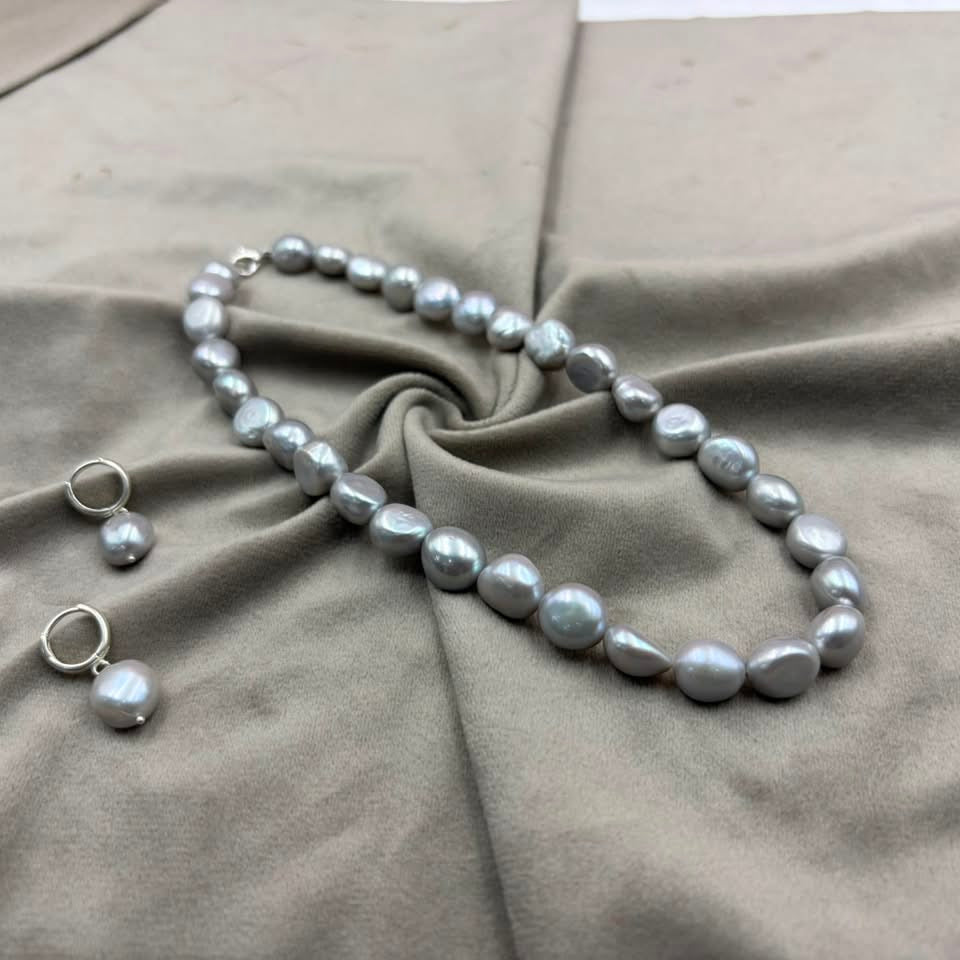 Grey Freshwater Pearl Necklace Set | Tumble Shape Pearl Jewelry | Elegant Gift for Her