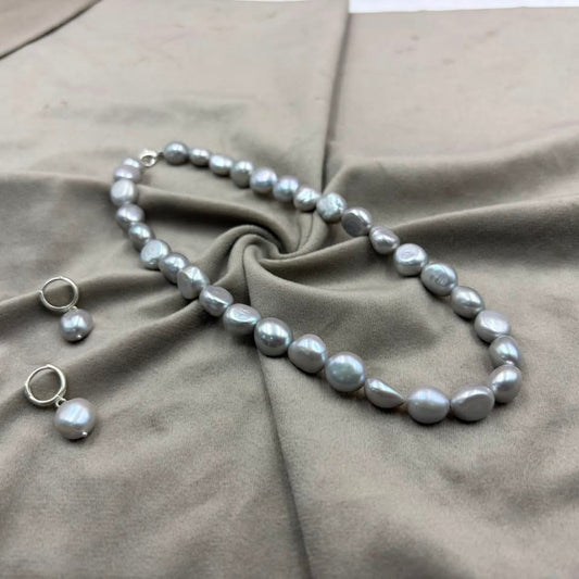 Grey Freshwater Pearl Necklace Set | Tumble Shape Pearl Jewelry | Elegant Gift for Her
