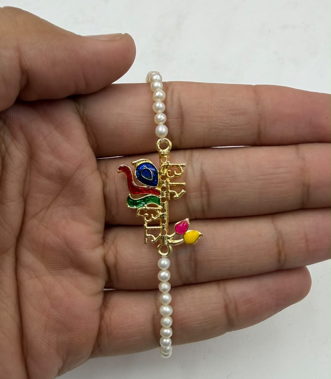 Natural Freshwater Pearl Rakhi | Elegant Raksha Bandhan Bracelet | Handmade Festival Jewelry