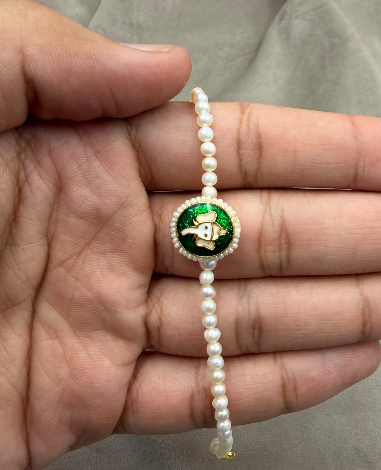 Natural Freshwater Pearl Rakhi | Elegant Raksha Bandhan Bracelet | Handmade Festival Jewelry