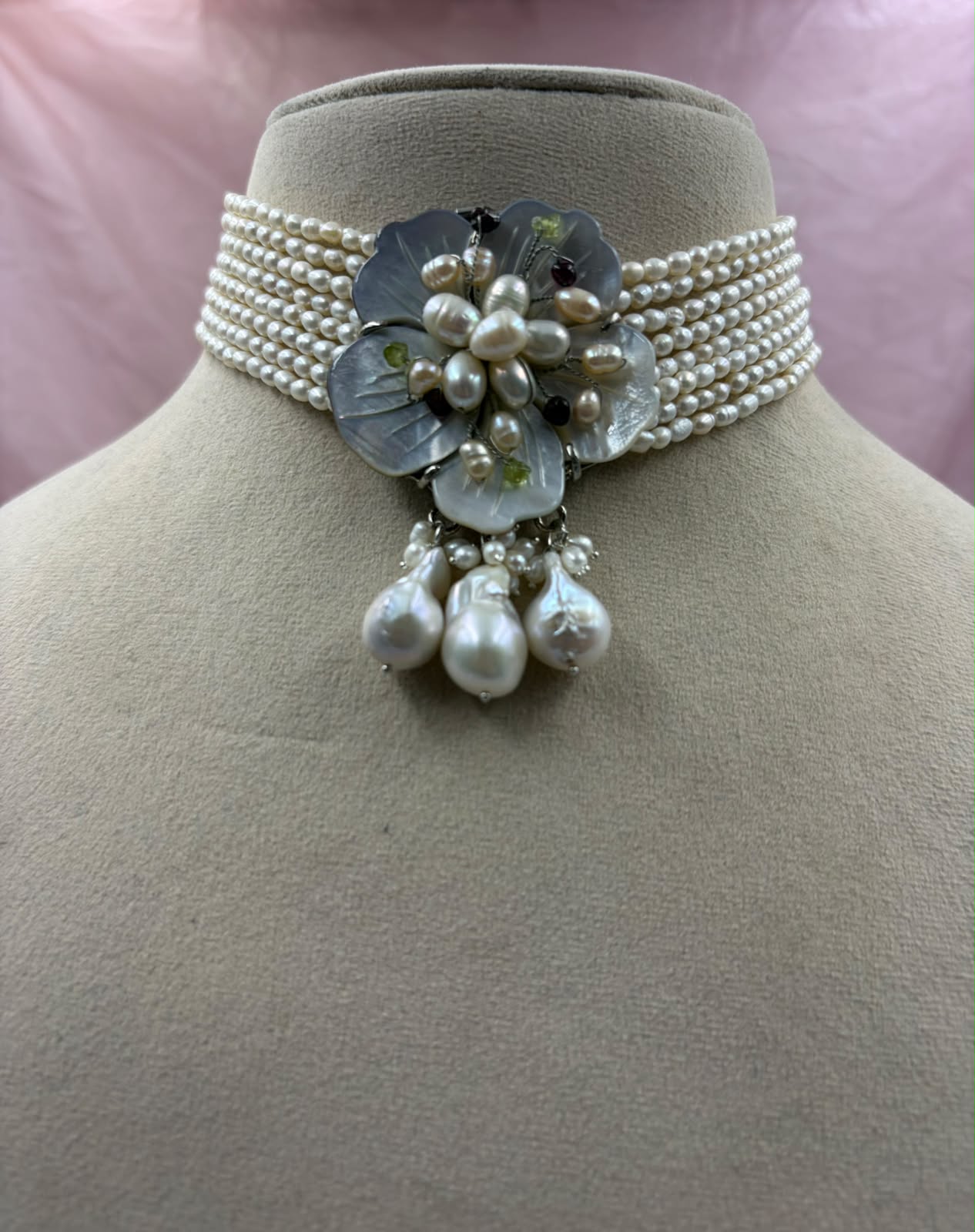 Handmade Freshwater Pearl Multi-Strand Choker | Tahitian Mother of Pearl Floral Centerpiece | Luxury Pearl Necklace for Women