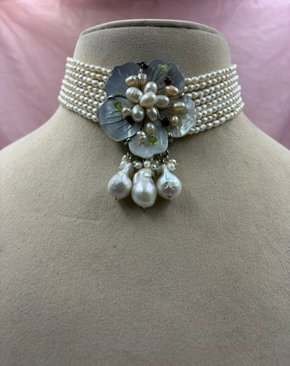 Handmade Freshwater Pearl Multi-Strand Choker | Tahitian Mother of Pearl Floral Centerpiece | Luxury Pearl Necklace for Women