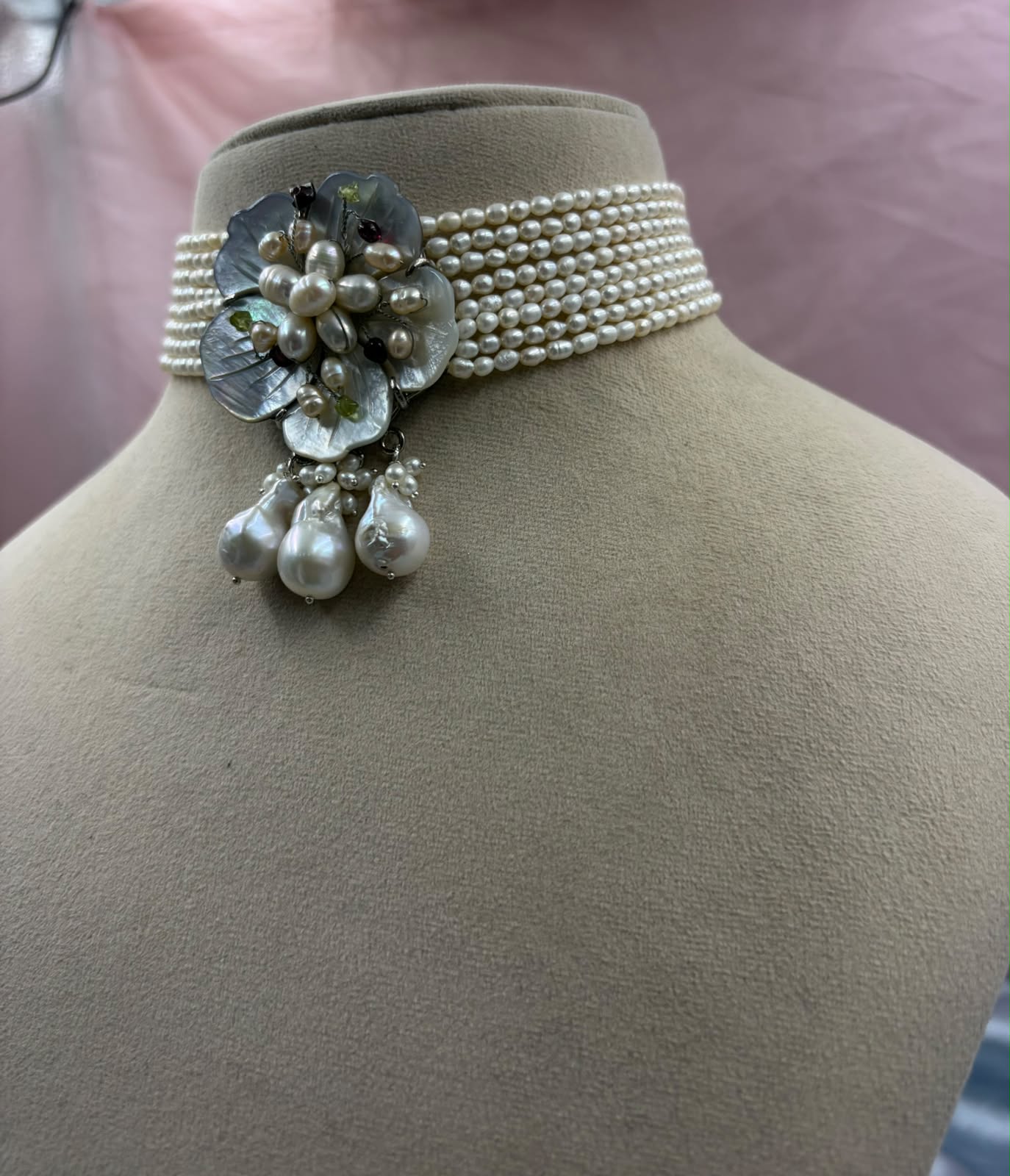 Handmade Freshwater Pearl Multi-Strand Choker | Tahitian Mother of Pearl Floral Centerpiece | Luxury Pearl Necklace for Women