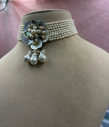 Handmade Freshwater Pearl Multi-Strand Choker | Tahitian Mother of Pearl Floral Centerpiece | Luxury Pearl Necklace for Women