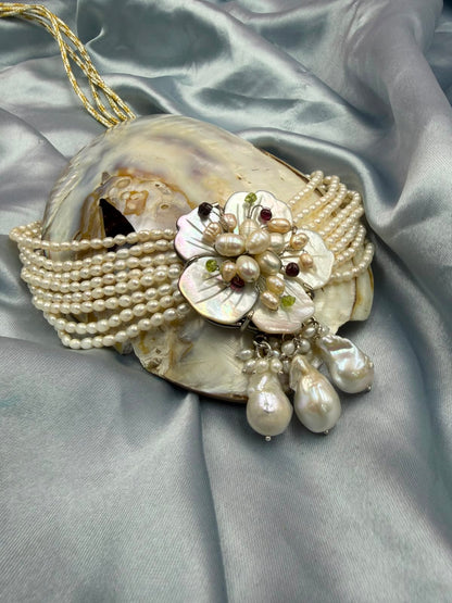 Handmade Freshwater Pearl Multi-Strand Choker | Tahitian Mother of Pearl Floral Centerpiece | Luxury Pearl Necklace for Women
