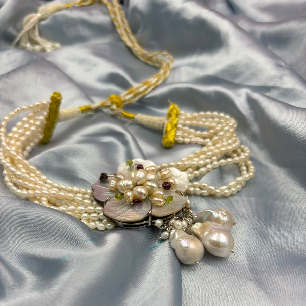 Handmade Freshwater Pearl Multi-Strand Choker | Tahitian Mother of Pearl Floral Centerpiece | Luxury Pearl Necklace for Women