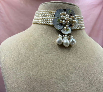 Handmade Freshwater Pearl Multi-Strand Choker | Tahitian Mother of Pearl Floral Centerpiece | Luxury Pearl Necklace for Women