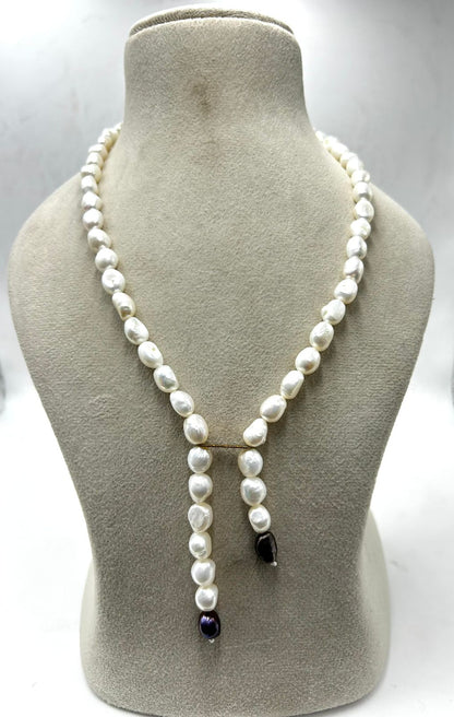 Freshwater Pearl Y Necklace | Pearl Lariat Necklace with Black Pearl Drops | Elegant Handmade Pearl Jewelry | Statement Necklace for Women | Gift for Her
