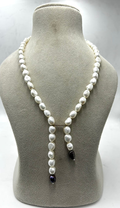 Freshwater Pearl Y Necklace | Pearl Lariat Necklace with Black Pearl Drops | Elegant Handmade Pearl Jewelry | Statement Necklace for Women | Gift for Her