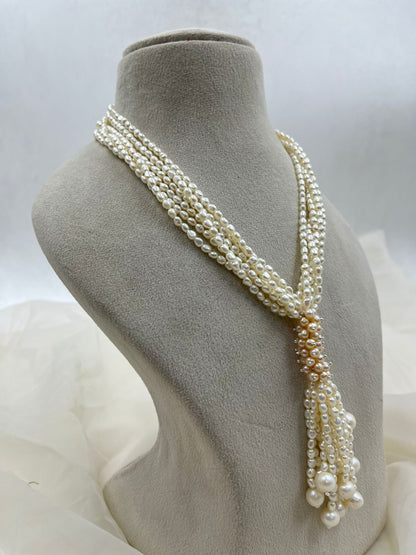 Freshwater Pearl Necklace | Multi-Strand Pearl Tassel Necklace With earrings  | Statement Pearl Jewelry | Elegant Handmade Necklace | Bridal & Wedding Gift for Her