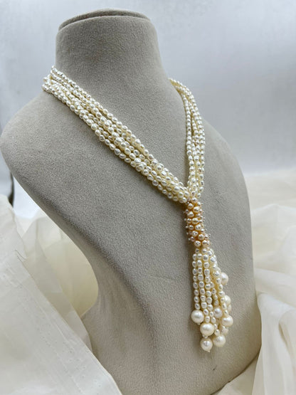 Freshwater Pearl Necklace | Multi-Strand Pearl Tassel Necklace With earrings  | Statement Pearl Jewelry | Elegant Handmade Necklace | Bridal & Wedding Gift for Her