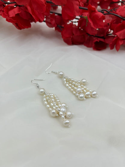 Freshwater Pearl Necklace | Multi-Strand Pearl Tassel Necklace With earrings  | Statement Pearl Jewelry | Elegant Handmade Necklace | Bridal & Wedding Gift for Her