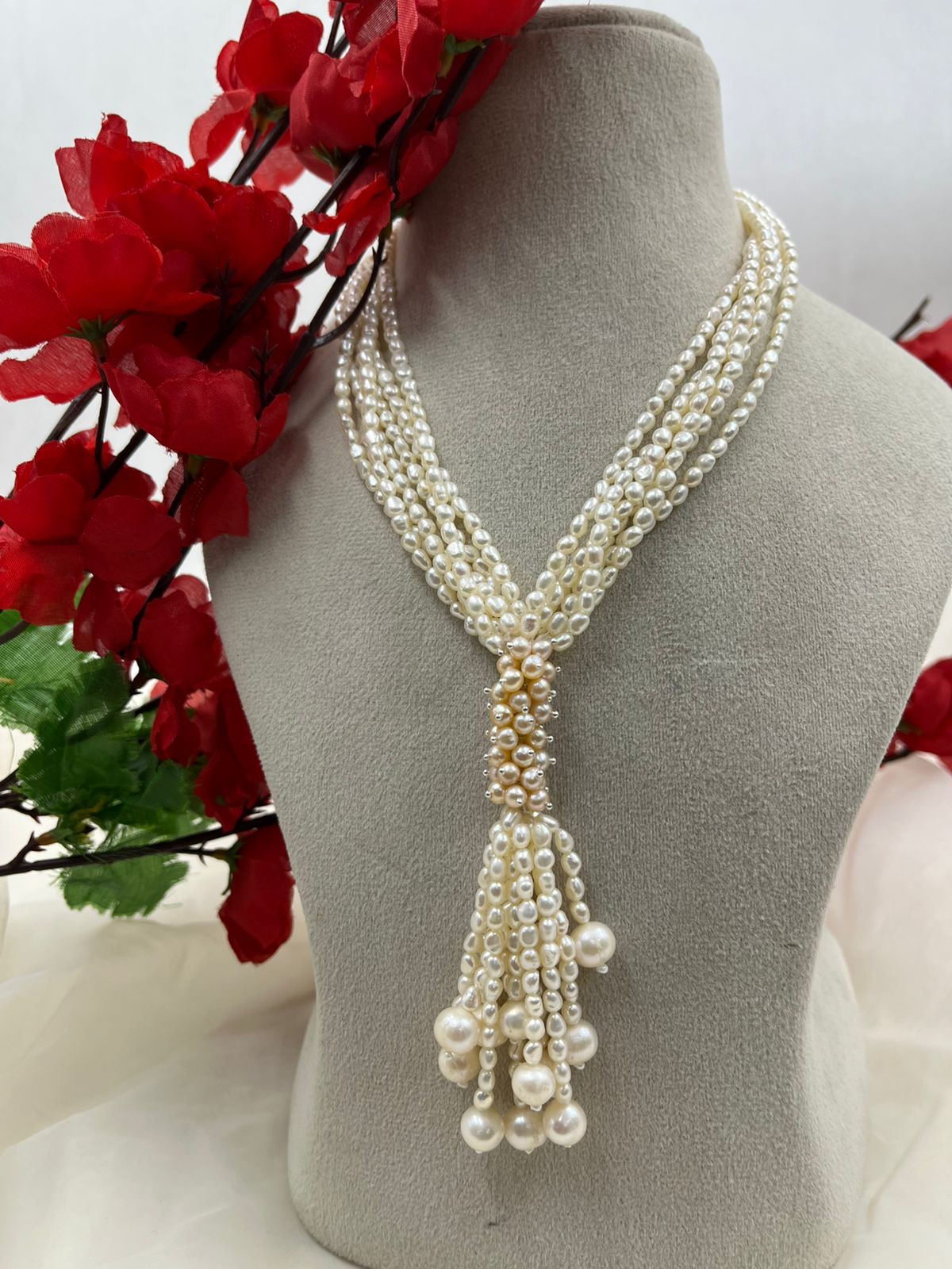 Freshwater Pearl Necklace | Multi-Strand Pearl Tassel Necklace With earrings  | Statement Pearl Jewelry | Elegant Handmade Necklace | Bridal & Wedding Gift for Her