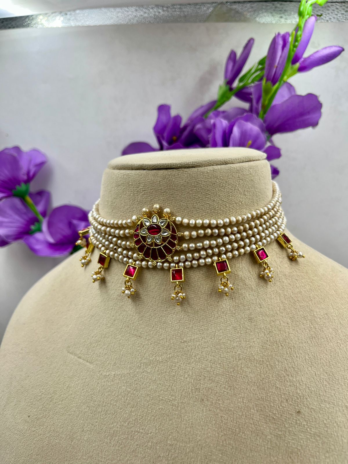 Festive Basara-Tone Freshwater Pearl Choker Set with Earrings & Stone Detailing
