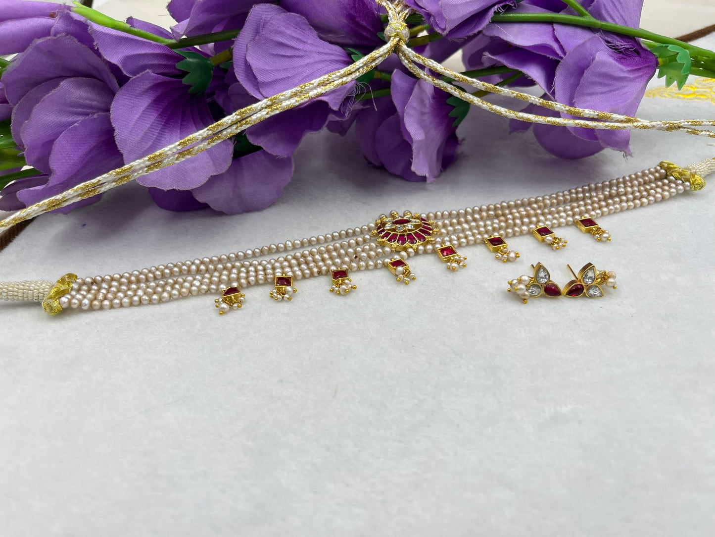 Festive Basara-Tone Freshwater Pearl Choker Set with Earrings & Stone Detailing