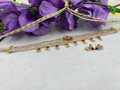 Festive Basara-Tone Freshwater Pearl Choker Set with Earrings & Stone Detailing