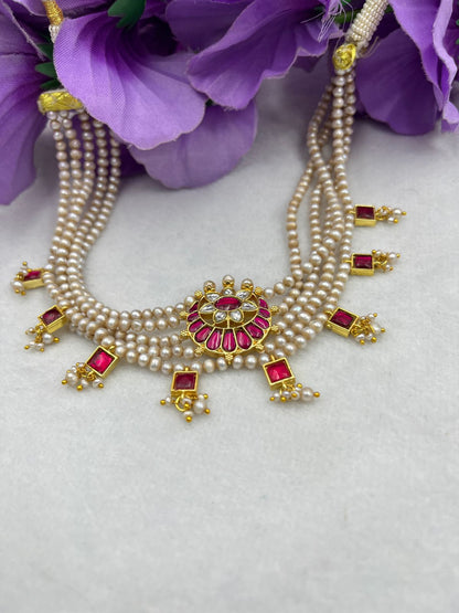 Festive Basara-Tone Freshwater Pearl Choker Set with Earrings & Stone Detailing