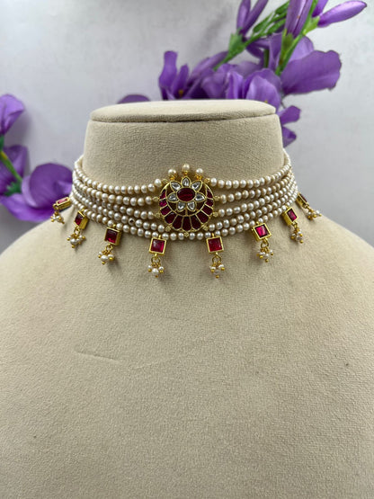 Festive Basara-Tone Freshwater Pearl Choker Set with Earrings & Stone Detailing