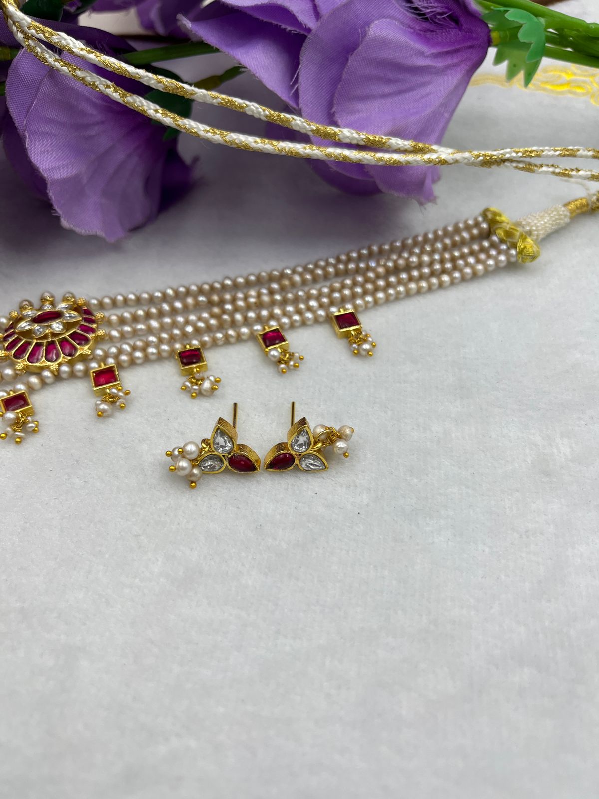 Festive Basara-Tone Freshwater Pearl Choker Set with Earrings & Stone Detailing