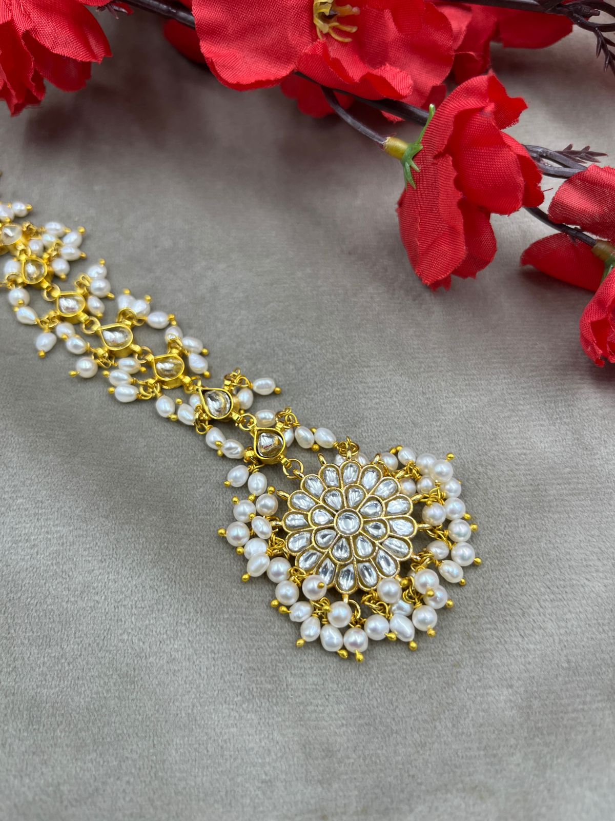 Freshwater Pearl Mang Tikka | Brass Stone Matha Patti Jewelry | Traditional Indian Bridal Hair Accessory | Handmade Wedding Jewelry