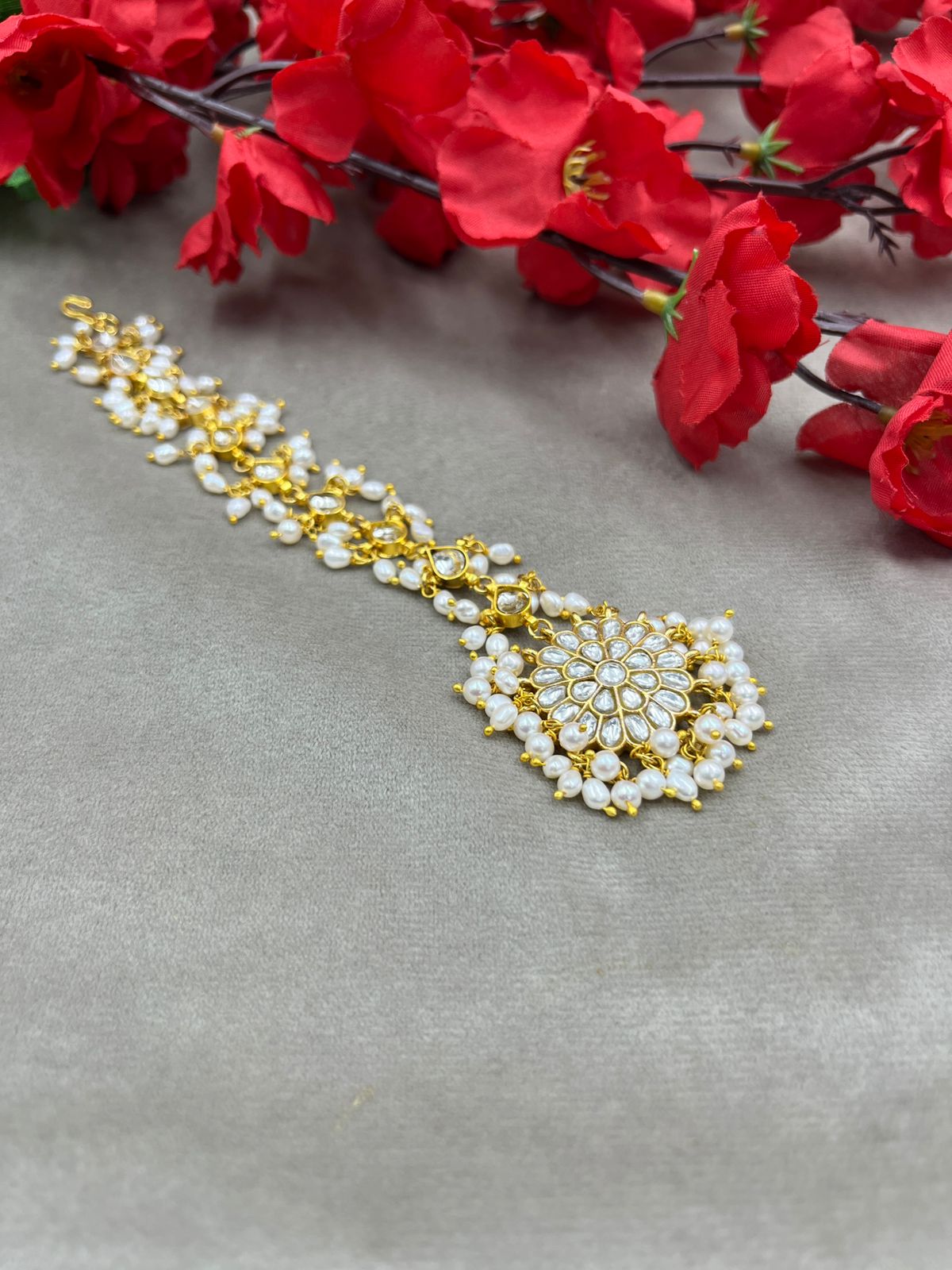 Freshwater Pearl Mang Tikka | Brass Stone Matha Patti Jewelry | Traditional Indian Bridal Hair Accessory | Handmade Wedding Jewelry