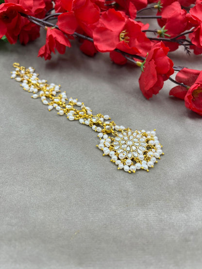 Freshwater Pearl Mang Tikka | Brass Stone Matha Patti Jewelry | Traditional Indian Bridal Hair Accessory | Handmade Wedding Jewelry