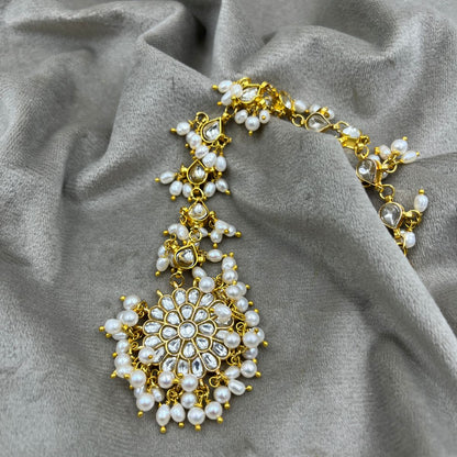 Freshwater Pearl Mang Tikka | Brass Stone Matha Patti Jewelry | Traditional Indian Bridal Hair Accessory | Handmade Wedding Jewelry