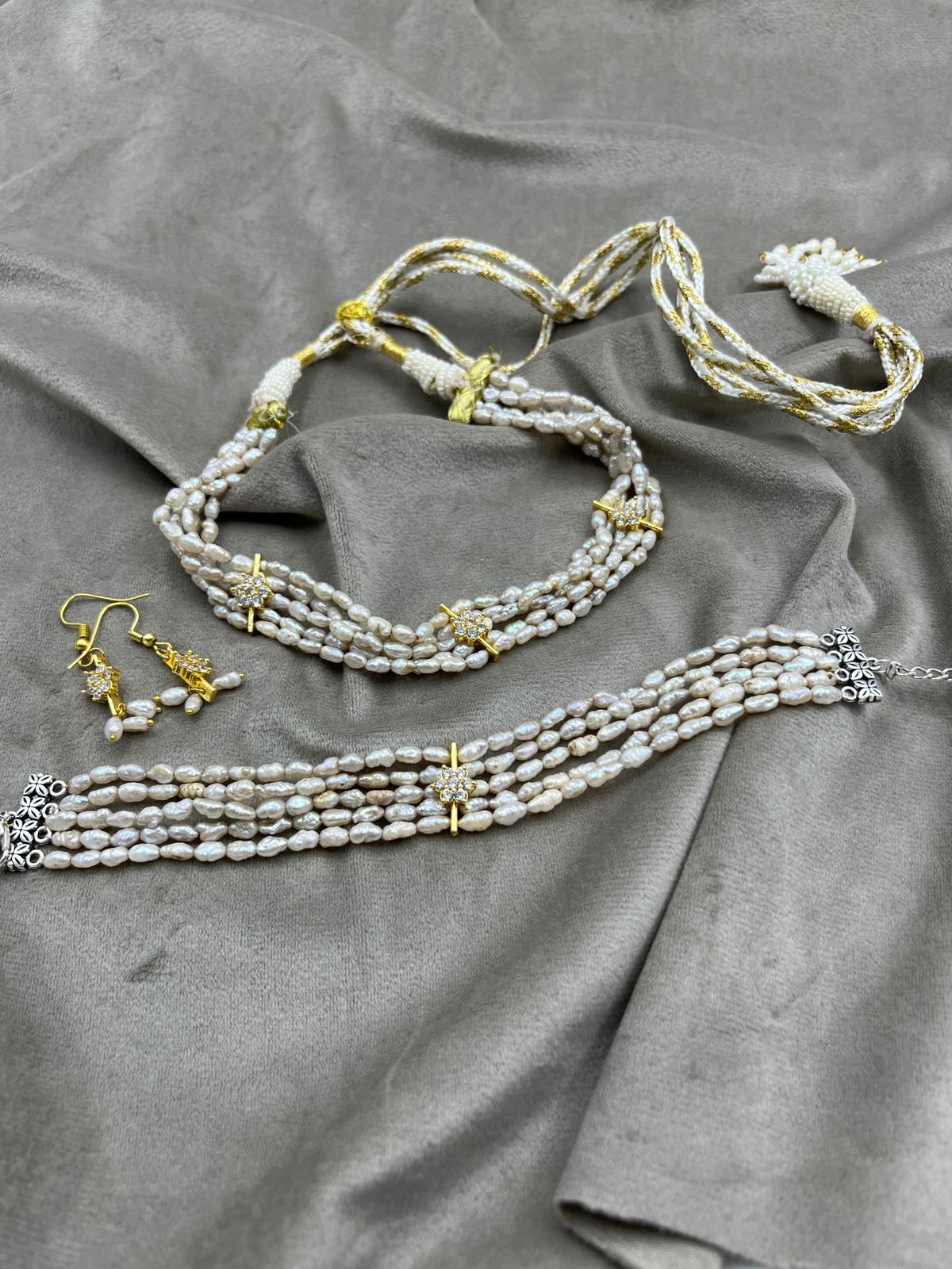 Freshwater Pearl Choker Set with Earrings & Bracelet | Basara Color Pearl Jewelry Set | Elegant Handmade Pearl Jewelry | Traditional Indian Bridal Gift