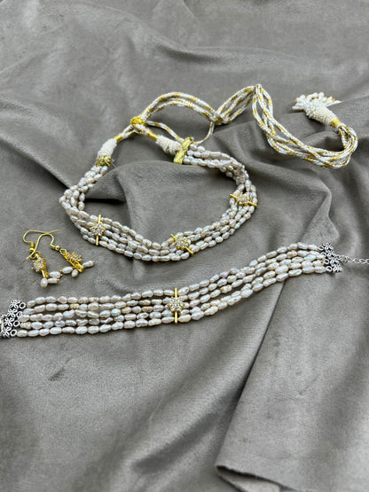 Freshwater Pearl Choker Set with Earrings & Bracelet | Basara Color Pearl Jewelry Set | Elegant Handmade Pearl Jewelry | Traditional Indian Bridal Gift