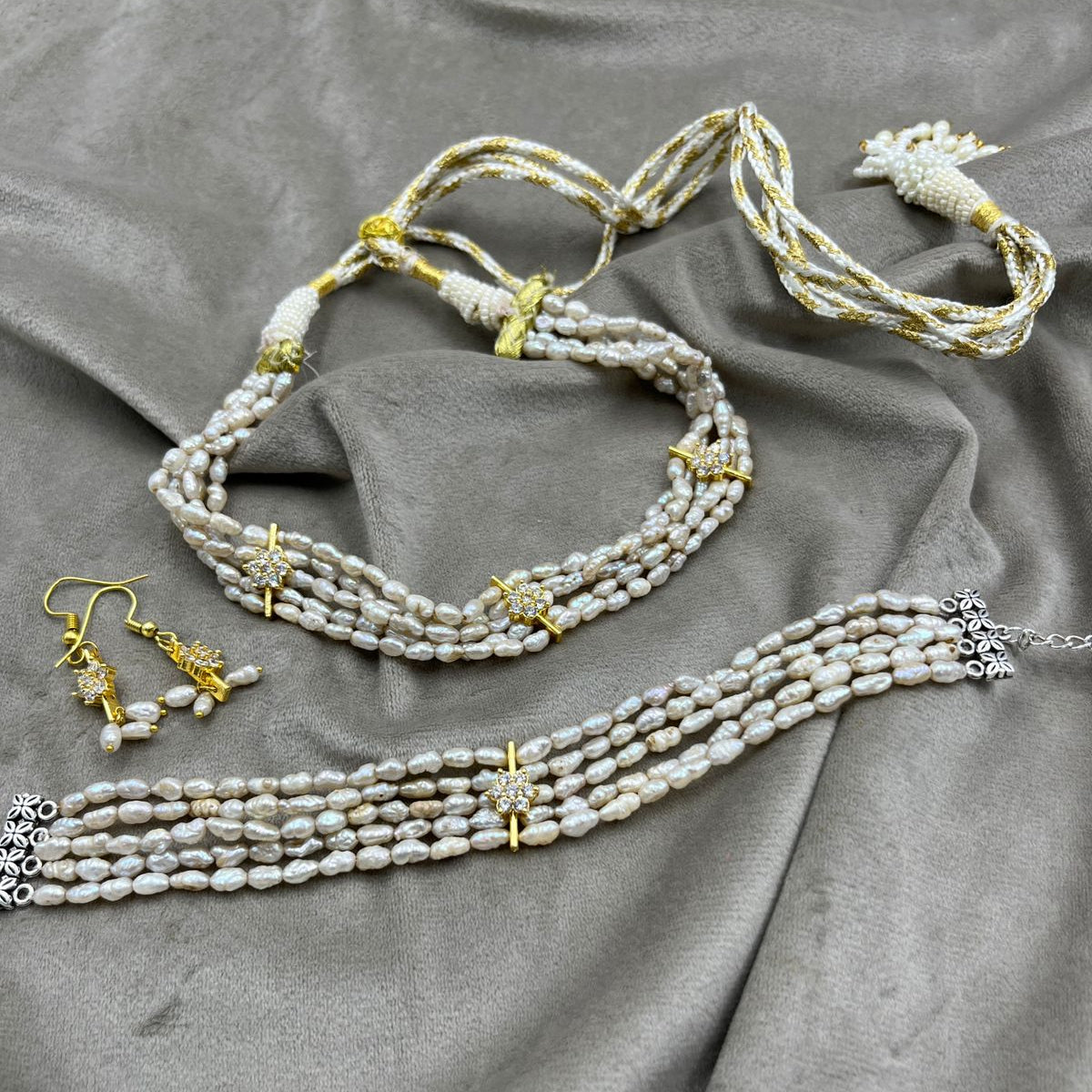 Freshwater Pearl Choker Set with Earrings & Bracelet | Basara Color Pearl Jewelry Set | Elegant Handmade Pearl Jewelry | Traditional Indian Bridal Gift