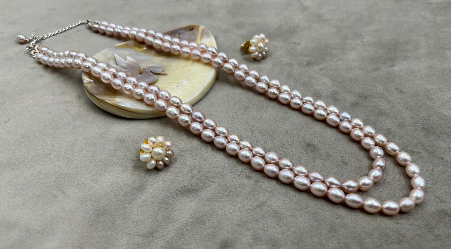 Freshwater Pearl Two-Layer Necklace with Earrings | Elegant Layered Pearl Jewelry Set | Handmade Pearl Necklace | Traditional Bridal & Wedding Jewelry | Gift for Women