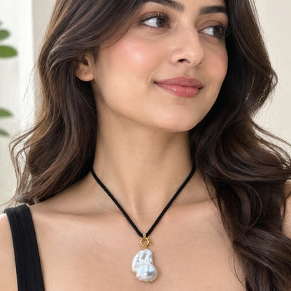 Freshwater Pearl Line Necklace with Natural Baroque  Pendant | Elegant Pearl Necklace | Handmade Pearl Jewelry | Bridal & Gift Jewelry
