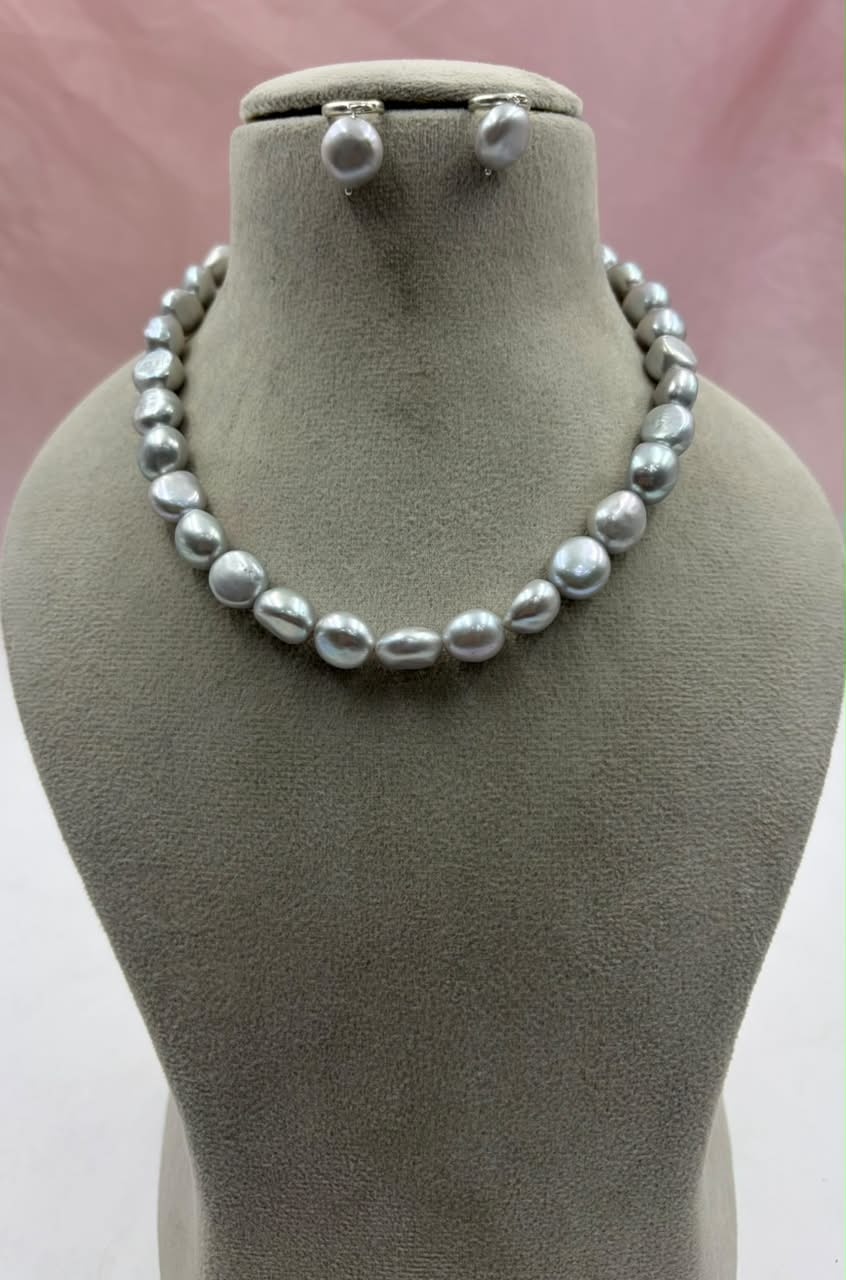 Grey Freshwater Pearl Necklace Set | Tumble Shape Pearl Jewelry | Elegant Gift for Her