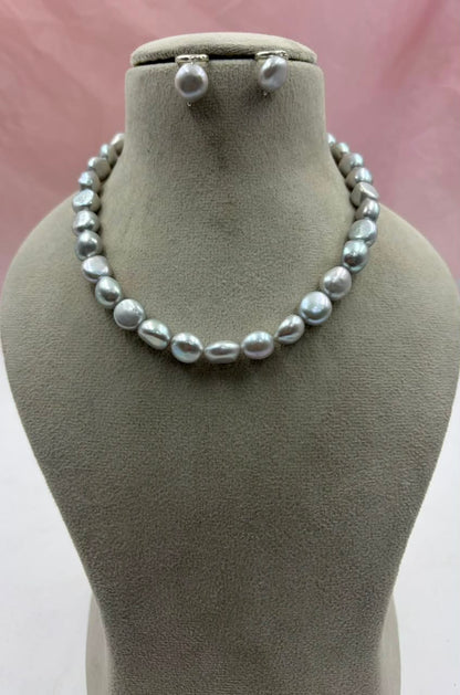 Grey Freshwater Pearl Necklace Set | Tumble Shape Pearl Jewelry | Elegant Gift for Her